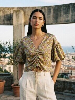 Satin-effect Tropical Tiger Adjustable Ruched Blouse Size Small